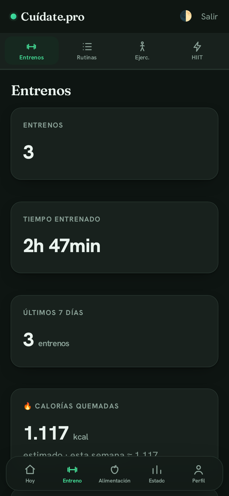 Entrenos en Cuídate.pro
